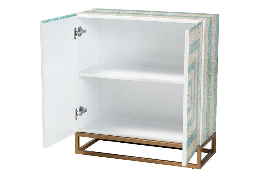 Baxton Studio Utari Modern Bohemian Two-Tone Beige and Blue Mother of Pearl and Gold Metal Storage Cabinet FredCo