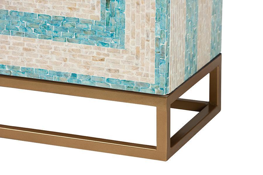 Baxton Studio Utari Modern Bohemian Two-Tone Beige and Blue Mother of Pearl and Gold Metal Storage Cabinet FredCo