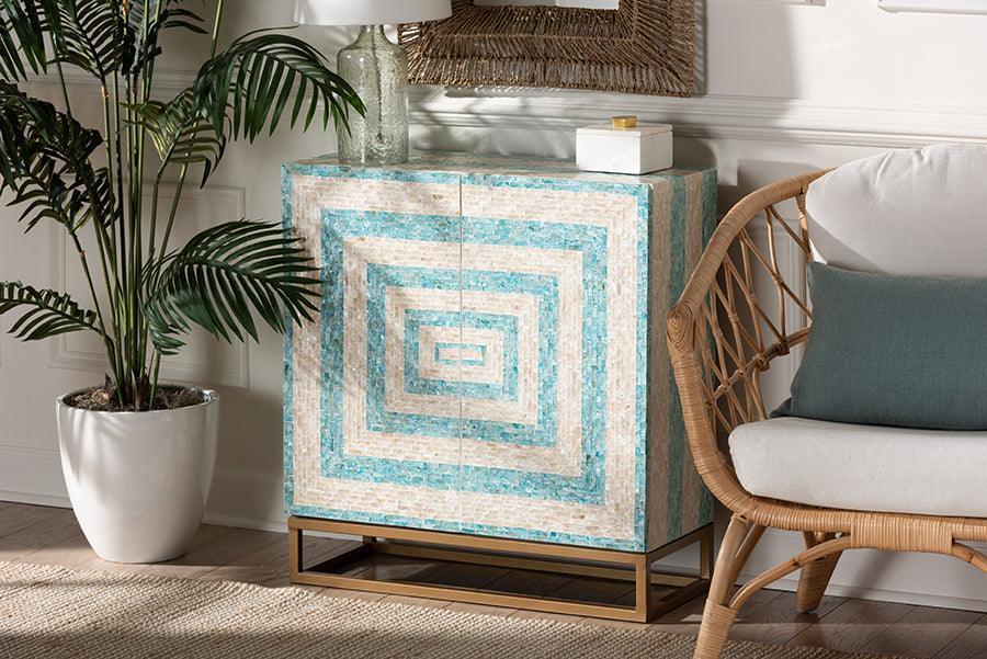 Baxton Studio Utari Modern Bohemian Two-Tone Beige and Blue Mother of Pearl and Gold Metal Storage Cabinet FredCo