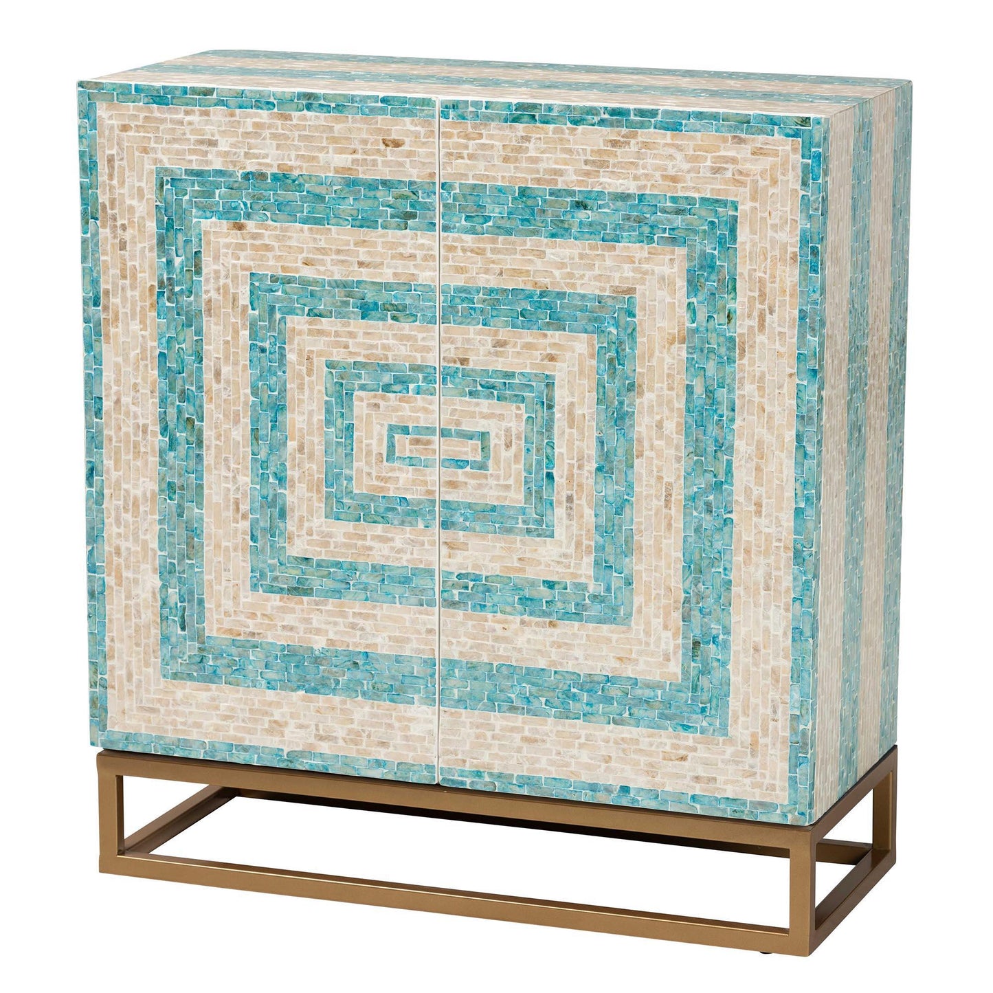 Baxton Studio Utari Modern Bohemian Two-Tone Beige and Blue Mother of Pearl and Gold Metal Storage Cabinet FredCo