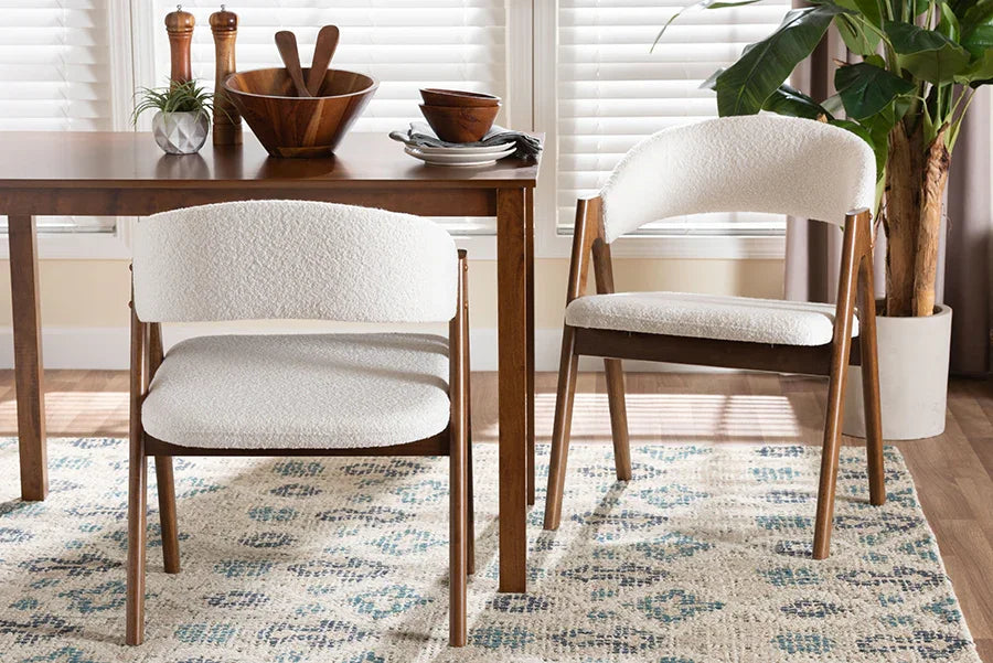 Baxton Studio Virden Boucle Upholstered Dining Chair Set of 2- Mid-Century Modern Armchair with Solid Wood Frame and Curved Open-Back Design, Walnut Brown and White FredCo