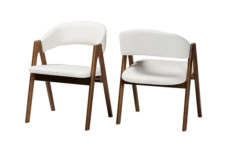 Baxton Studio Virden Boucle Upholstered Dining Chair Set of 2- Mid-Century Modern Armchair with Solid Wood Frame and Curved Open-Back Design, Walnut Brown and White FredCo