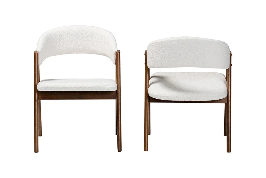 Baxton Studio Virden Boucle Upholstered Dining Chair Set of 2- Mid-Century Modern Armchair with Solid Wood Frame and Curved Open-Back Design, Walnut Brown and White FredCo
