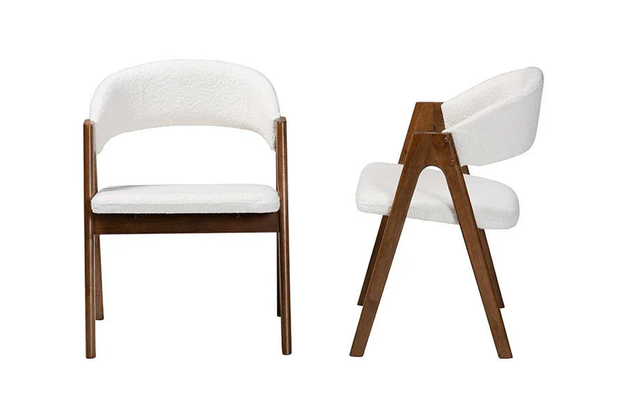 Baxton Studio Virden Boucle Upholstered Dining Chair Set of 2- Mid-Century Modern Armchair with Solid Wood Frame and Curved Open-Back Design, Walnut Brown and White FredCo