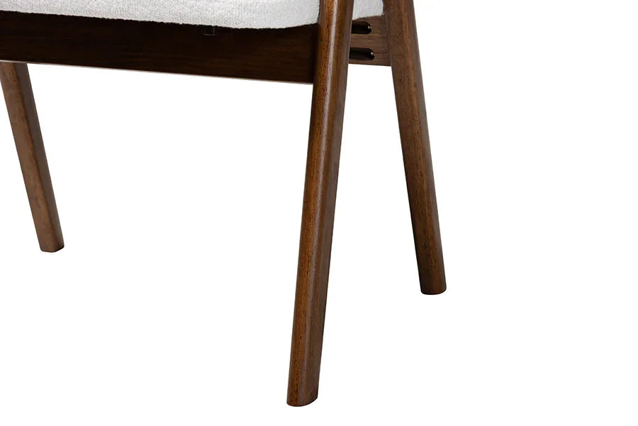 Baxton Studio Virden Boucle Upholstered Dining Chair Set of 2- Mid-Century Modern Armchair with Solid Wood Frame and Curved Open-Back Design, Walnut Brown and White FredCo