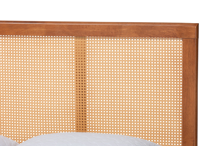 Baxton Studio Walthard Mid-Century Light Walnut King Platform Bed with Woven Rattan FredCo