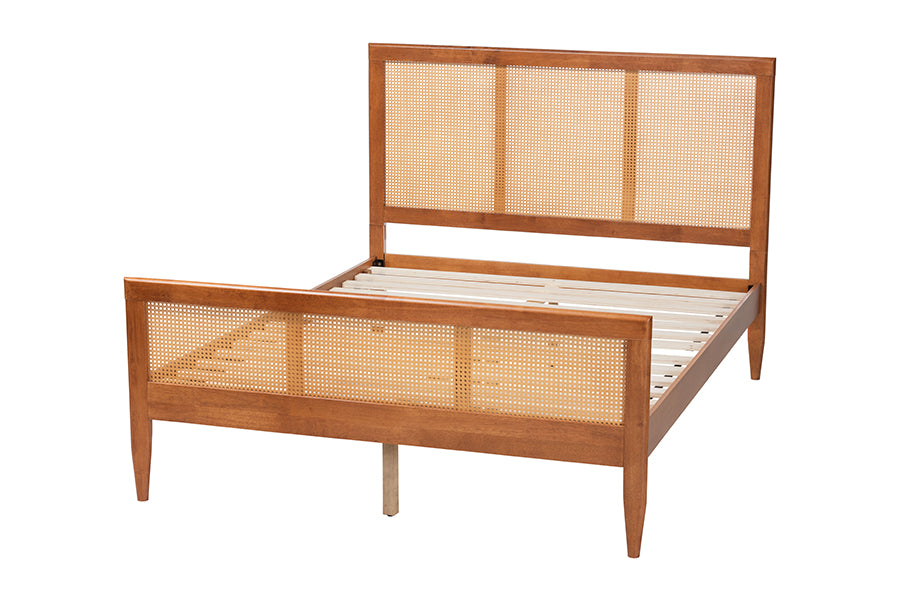 Baxton Studio Walthard Mid-Century Light Walnut Queen Platform Bed with Woven Rattan FredCo