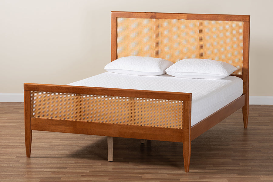 Baxton Studio Walthard Mid-Century Light Walnut Queen Platform Bed with Woven Rattan FredCo