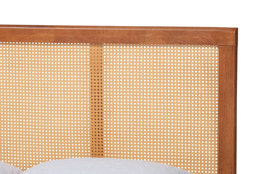 Baxton Studio Walthard Mid-Century Light Walnut Queen Platform Bed with Woven Rattan FredCo