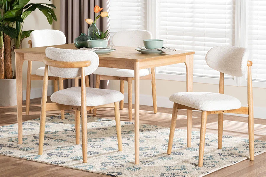 Baxton Studio Wattsu 5-Piece Dining Set - Solid Wood Rectangular Table with Boucle Upholstered Chairs, Mid-Century Modern Dining Furniture for Kitchen or Dining Room, Natural and White FredCo