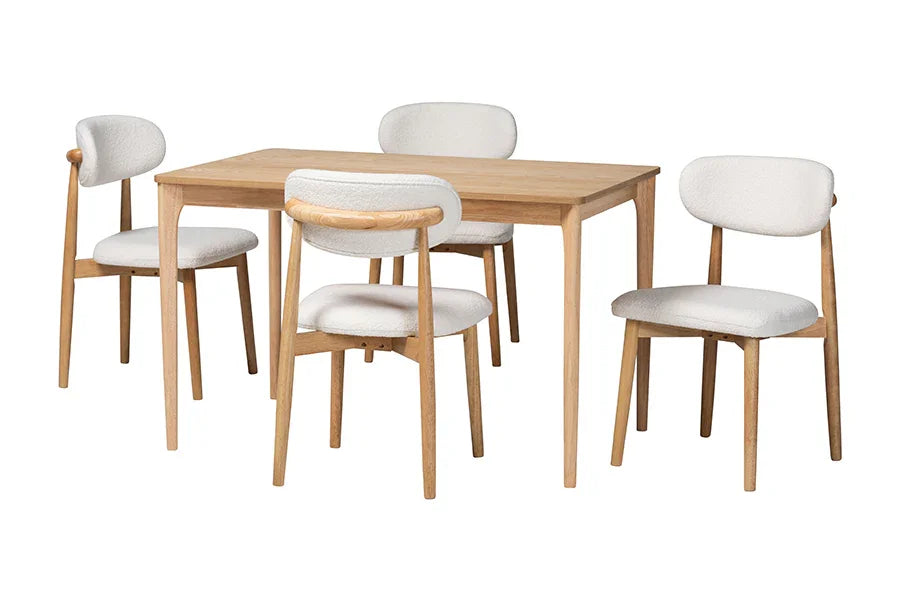 Baxton Studio Wattsu 5-Piece Dining Set - Solid Wood Rectangular Table with Boucle Upholstered Chairs, Mid-Century Modern Dining Furniture for Kitchen or Dining Room, Natural and White FredCo