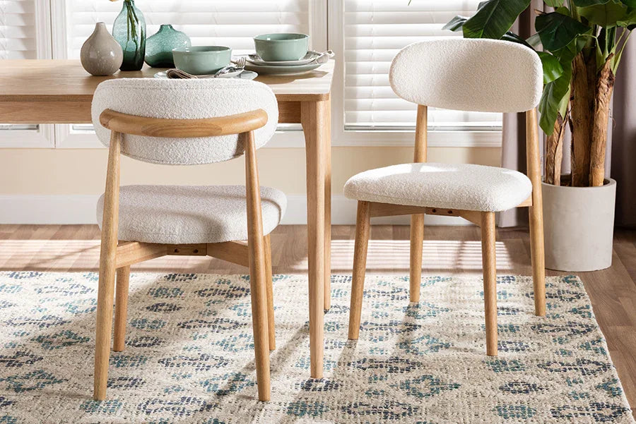 Baxton Studio Wattsu Boucle Upholstered Dining Chair Set of 2- Mid-Century Modern Side Chair with Solid Wood Frame and Rounded Backrest, Natural and White FredCo