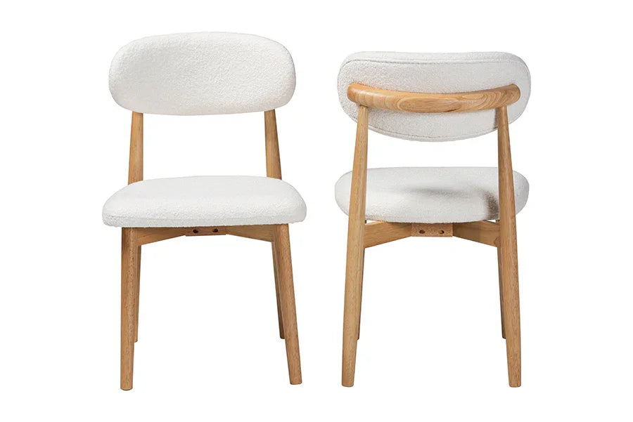 Baxton Studio Wattsu Boucle Upholstered Dining Chair Set of 2- Mid-Century Modern Side Chair with Solid Wood Frame and Rounded Backrest, Natural and White FredCo