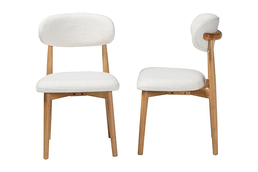 Baxton Studio Wattsu Boucle Upholstered Dining Chair Set of 2- Mid-Century Modern Side Chair with Solid Wood Frame and Rounded Backrest, Natural and White FredCo
