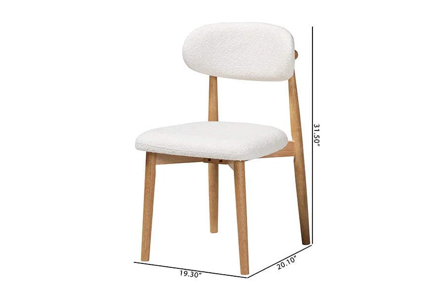 Baxton Studio Wattsu Boucle Upholstered Dining Chair Set of 2- Mid-Century Modern Side Chair with Solid Wood Frame and Rounded Backrest, Natural and White FredCo