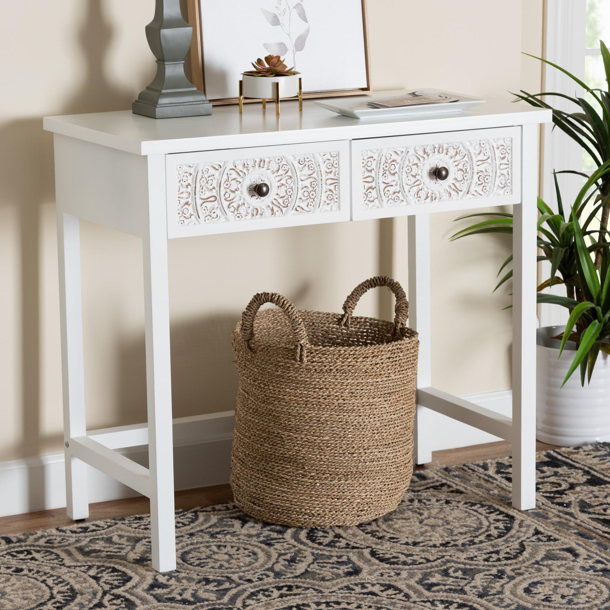 Baxton Studio Yelena Classic and Traditional White Finished Wood 2-Drawer Console Table FredCo