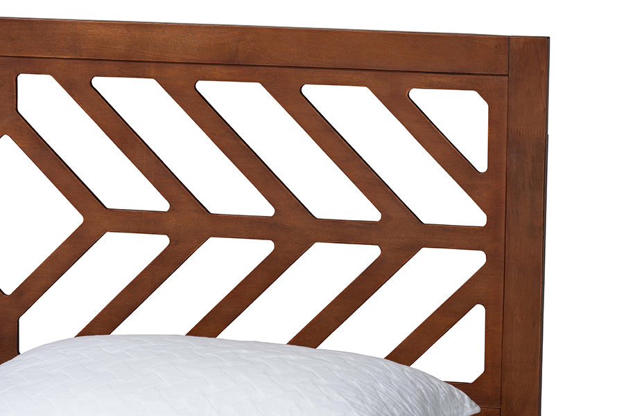 Geometric wood bed headboard with quilted white pillow, modern bedroom furniture