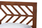 Geometric wood bed headboard with quilted white pillow, modern bedroom furniture
