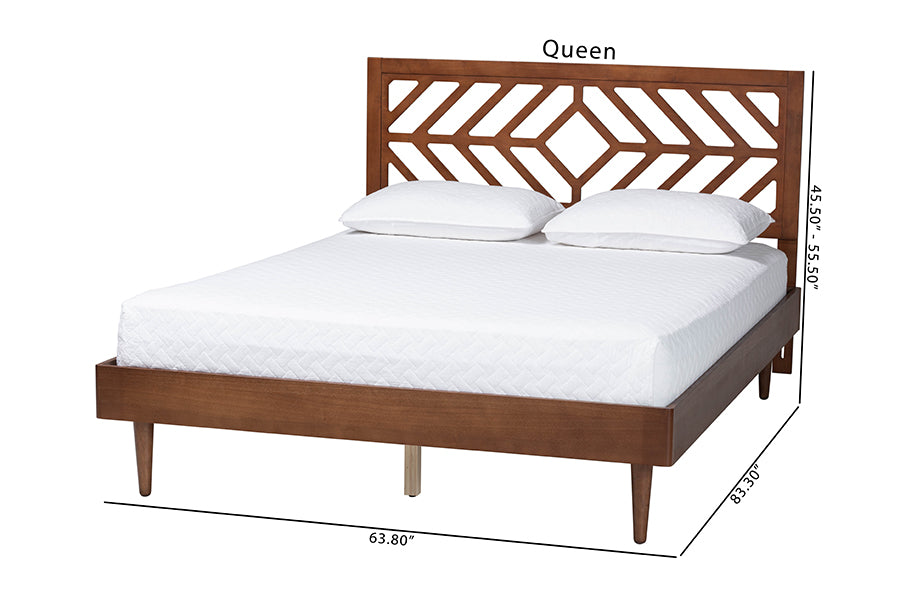 Queen size wooden bed frame with geometric headboard, modern bedroom furniture