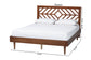 Queen size wooden bed frame with geometric headboard, modern bedroom furniture
