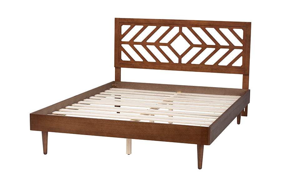 Mid-century modern wooden bed frame with geometric open headboard from FredCo International