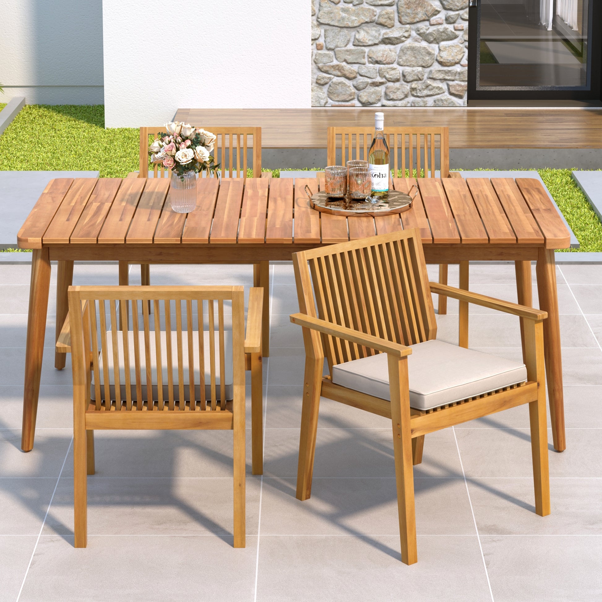 5-Piece Acacia Wood Outdoor Dining Set, Patio Table & Chairs with Removable Cushions, Slatted Tabletop for Garden Backyard FredCo