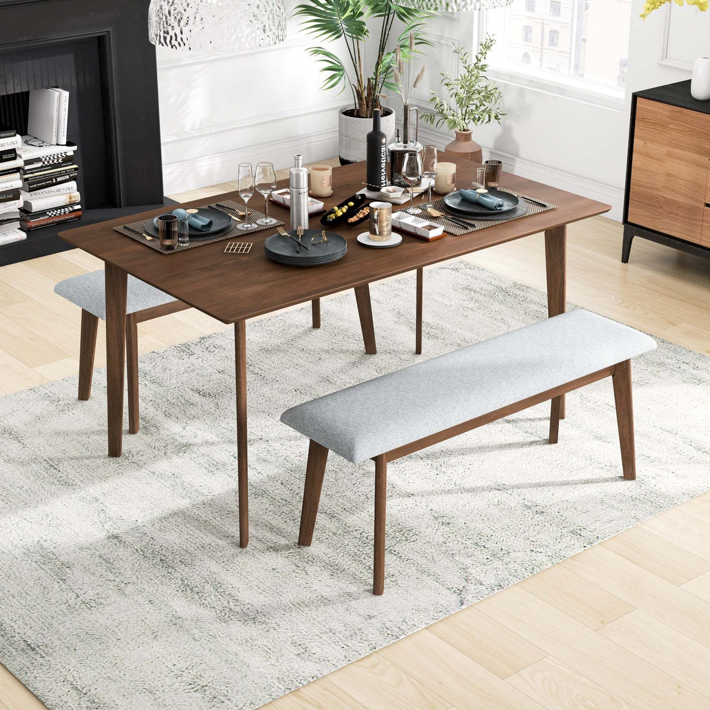 Modern wood dining table set with benches in bright living room, FredCo International furniture