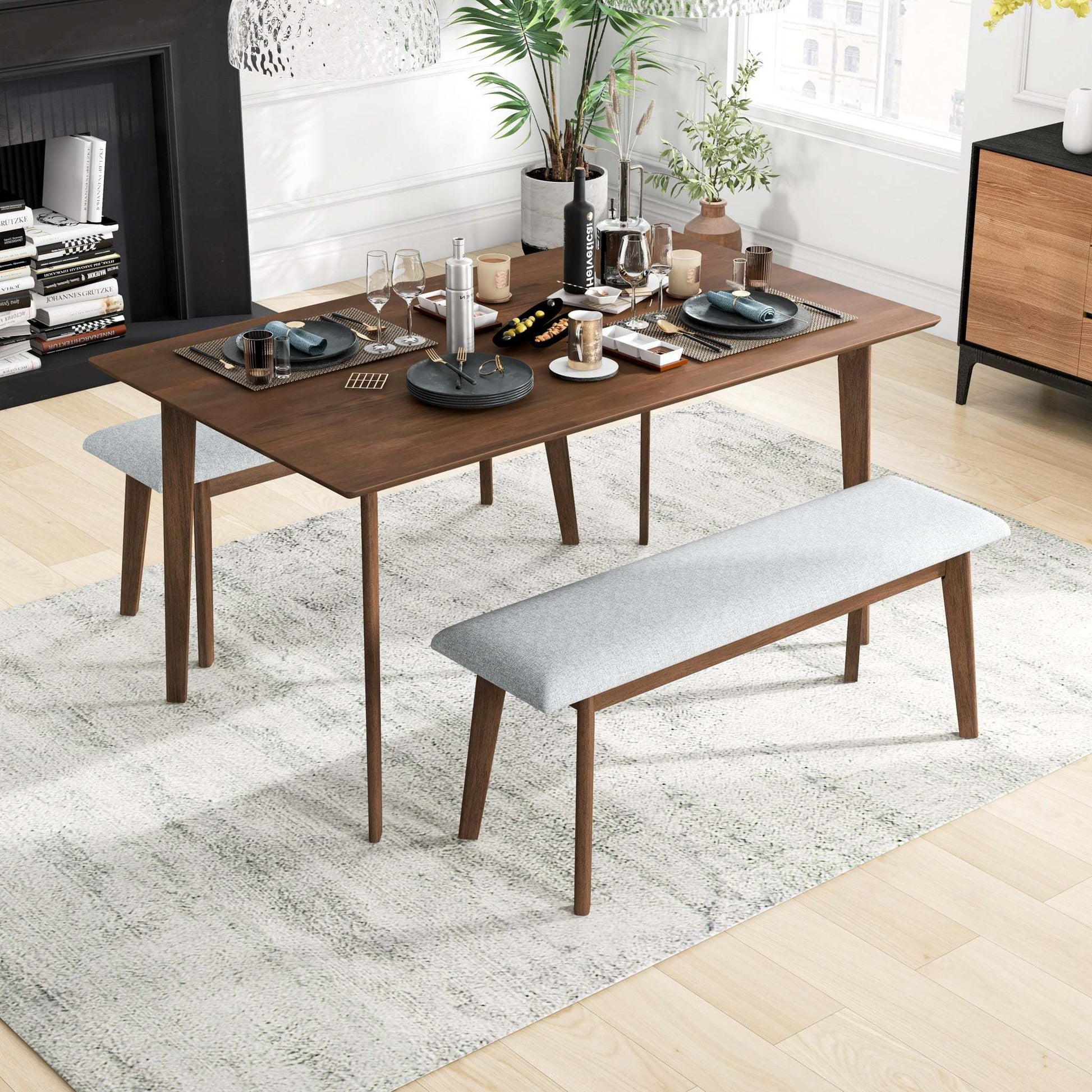 Modern wood dining table set with benches in bright living room, FredCo International furniture