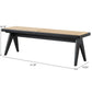 Modern black and woven bench with angled legs, furniture dimensions shown, FredCo International