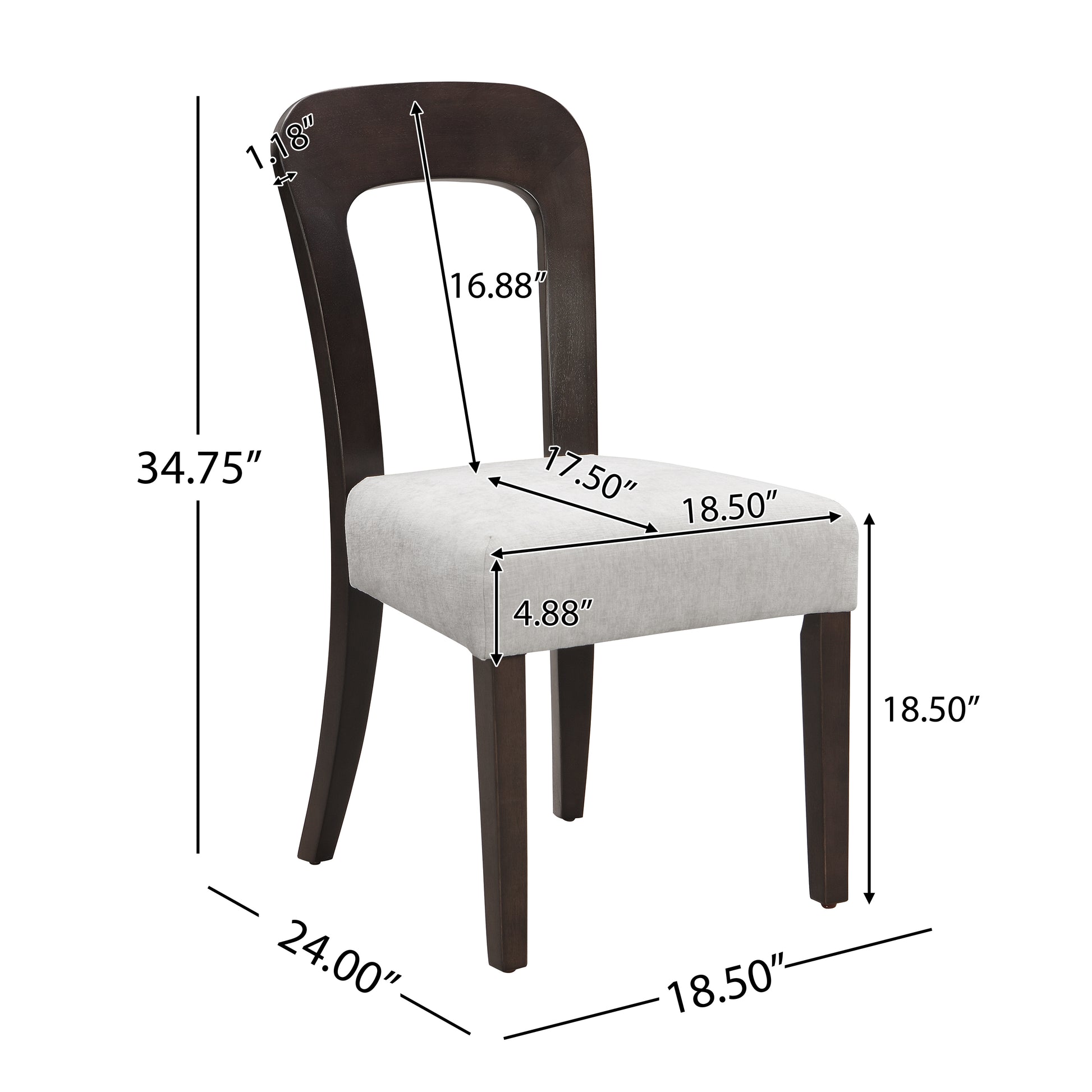 Modern dining chair with dark wood frame, light upholstered seat, and visible dimensions.