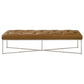 Modern brown tufted leather bench with metal legs, FredCo International furniture