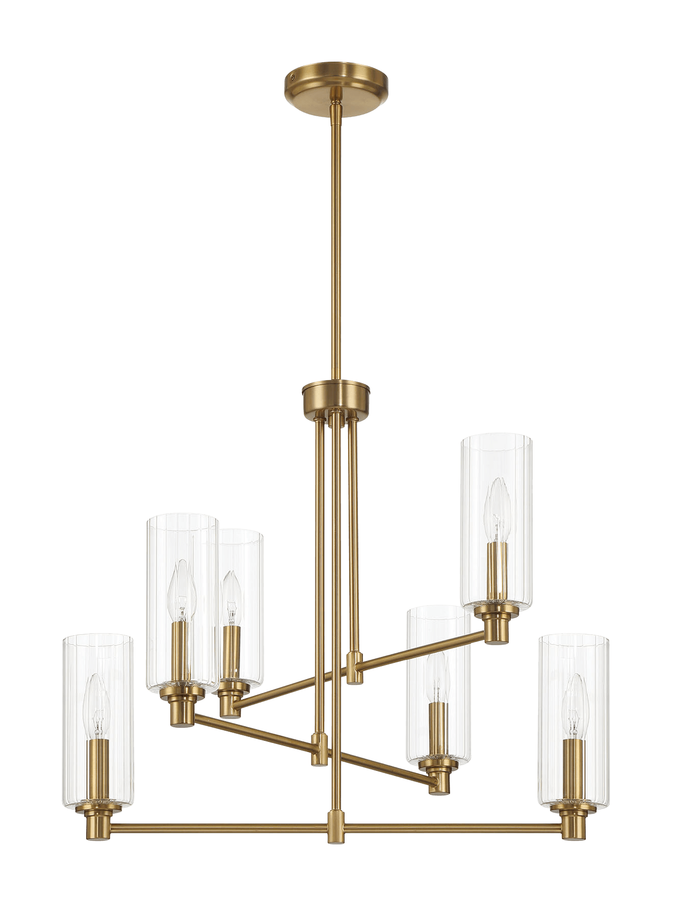 Modern brass chandelier with six clear glass shades, ideal for home lighting décor