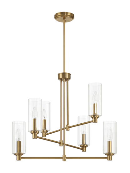 Modern brass chandelier with six clear glass shades, ideal for home lighting décor