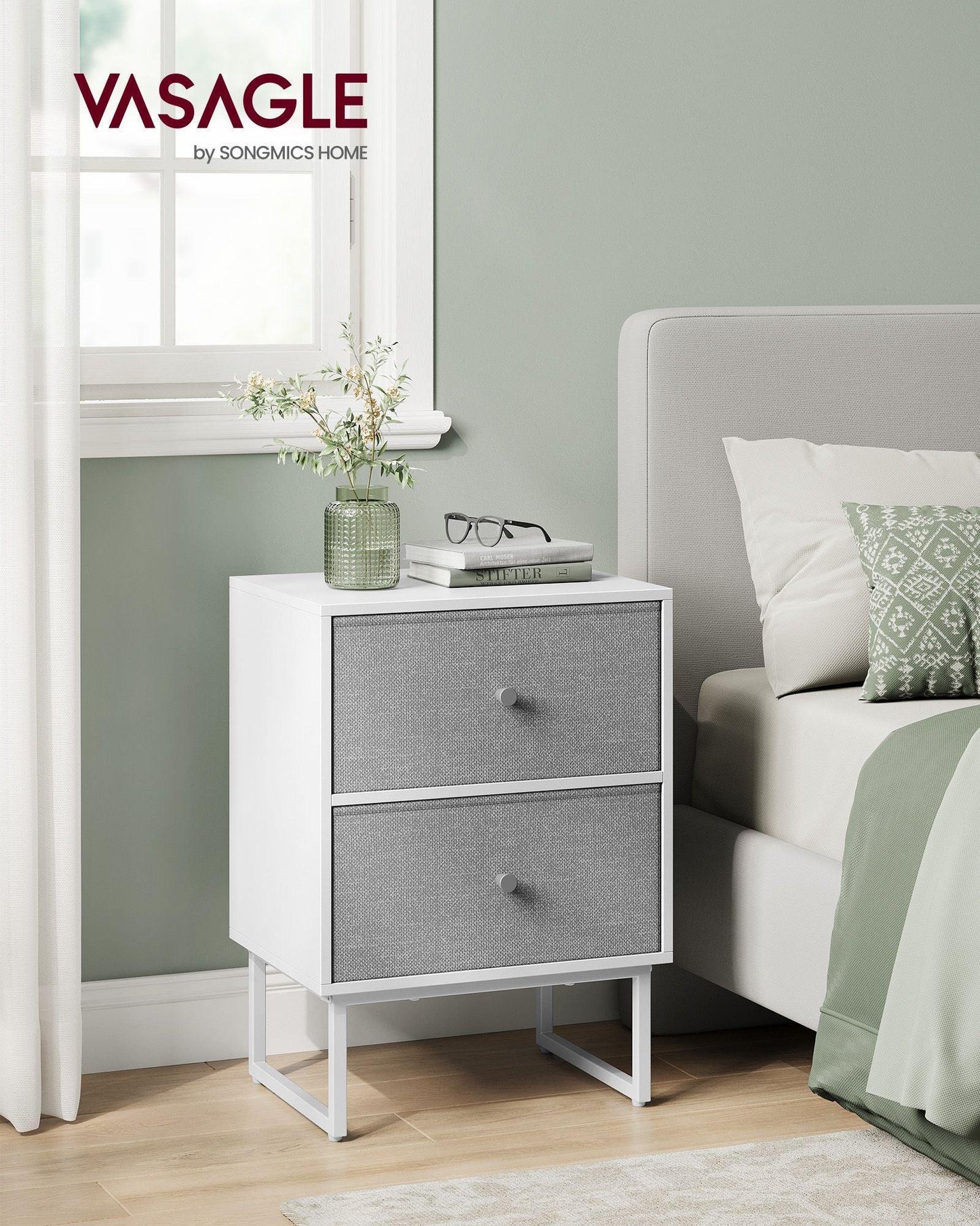 Bed Side Table with Fabric Drawers Cloud White and Dove FredCo