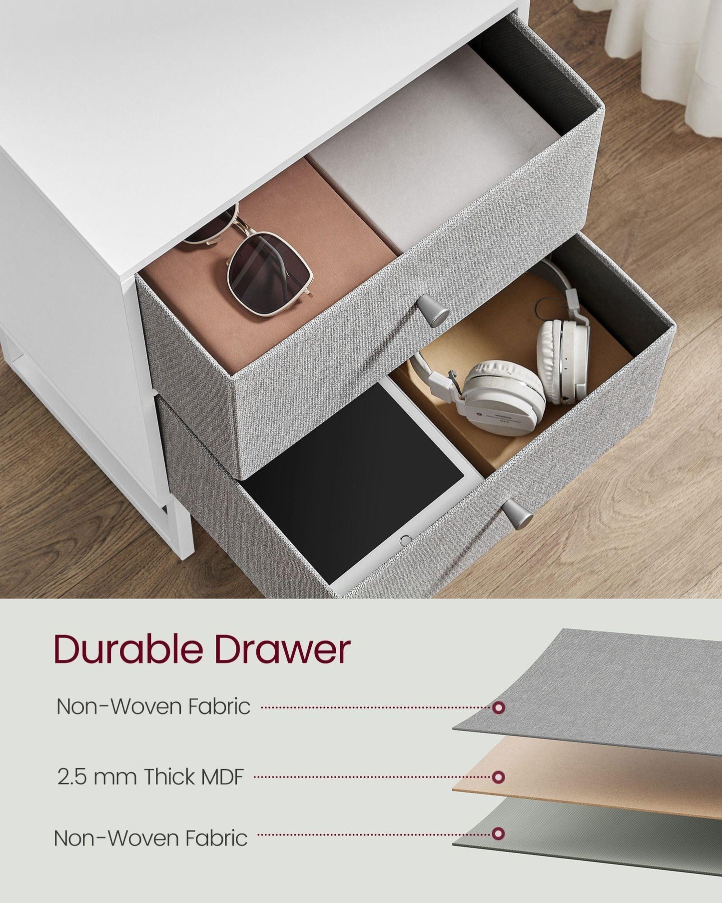 Bed Side Table with Fabric Drawers Cloud White and Dove FredCo