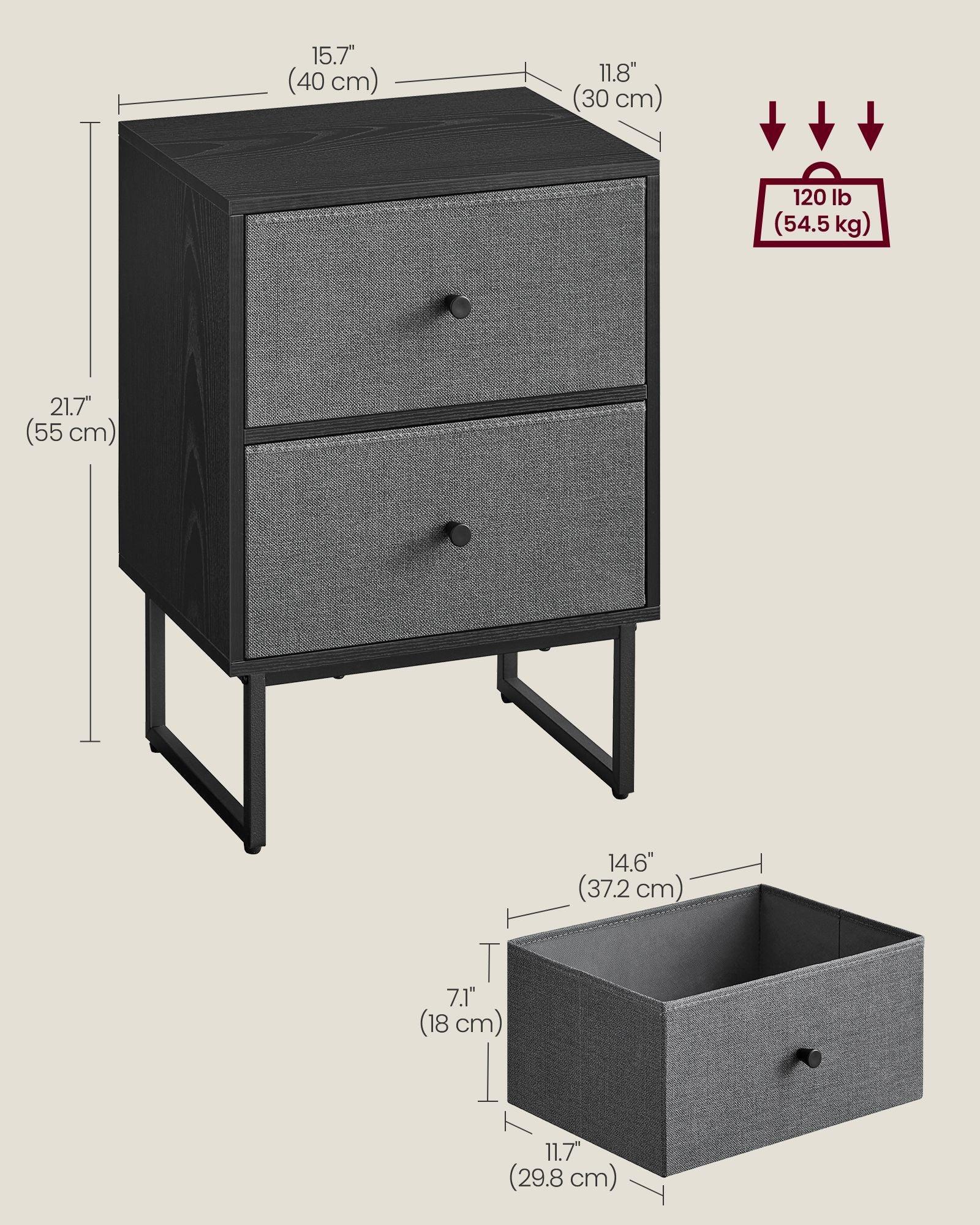 Bed Side Table with Fabric Drawers Ebony Black and Slate Gray FredCo