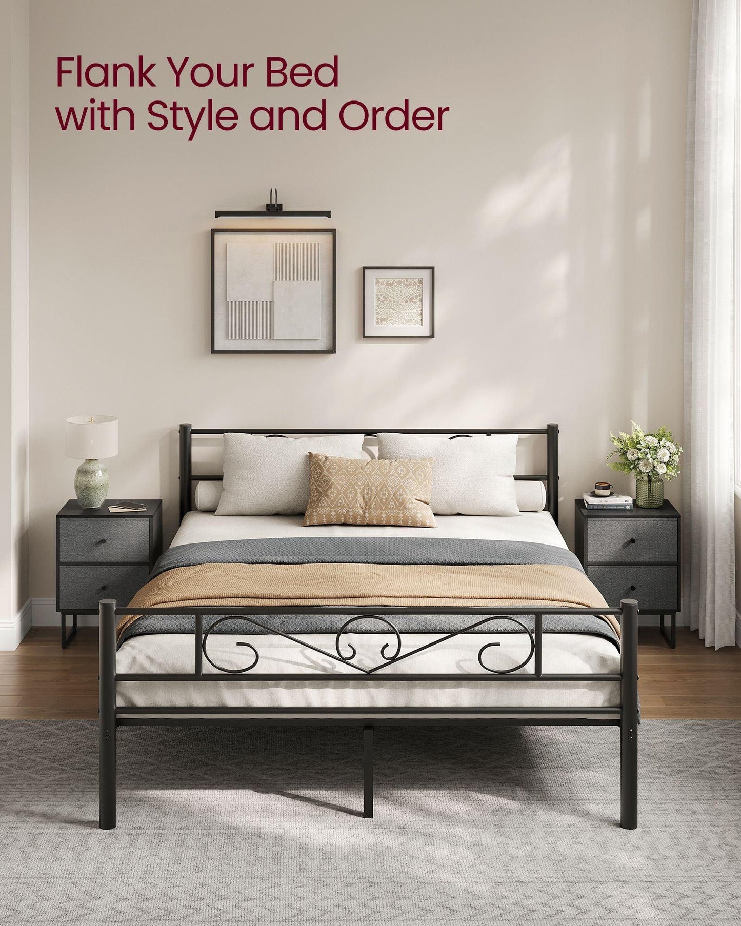 Bed Side Table with Fabric Drawers Ebony Black and Slate Gray FredCo