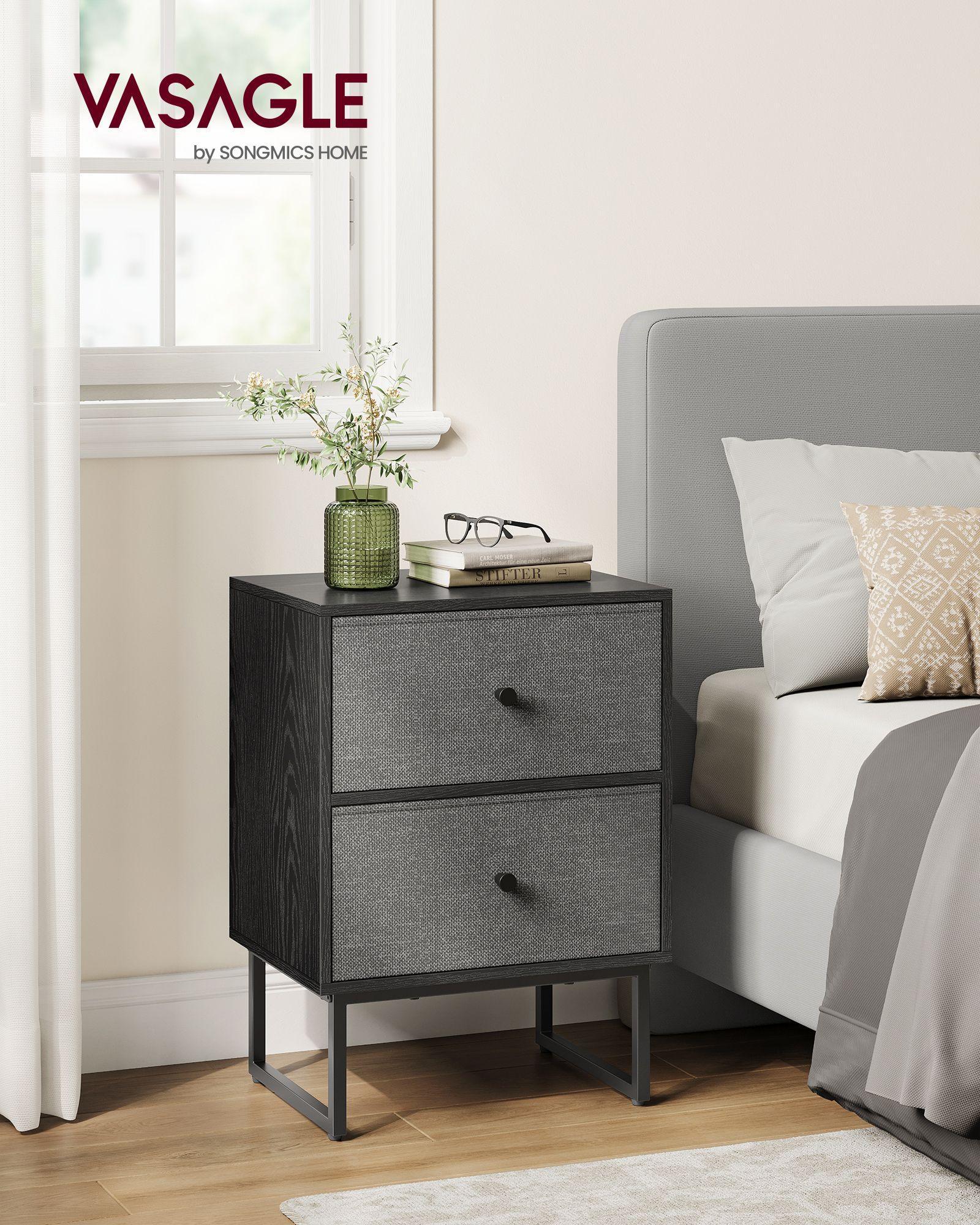 Bed Side Table with Fabric Drawers Ebony Black and Slate Gray FredCo