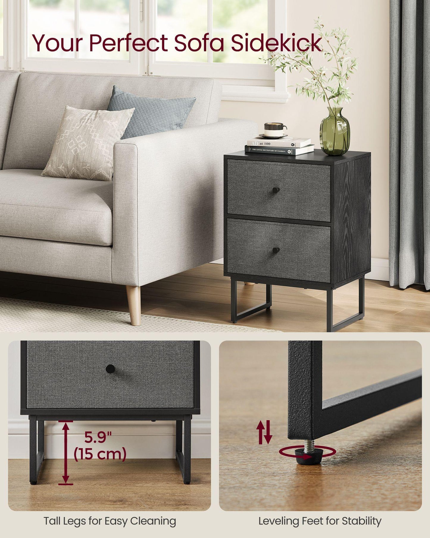Bed Side Table with Fabric Drawers Ebony Black and Slate Gray FredCo