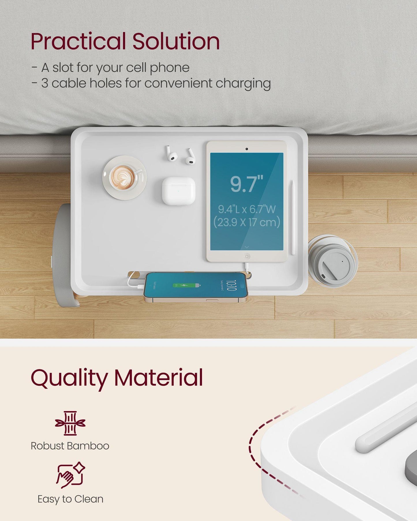 Bedside Shelf with Phone Slot, Cup Holder and Hook Cloud White FredCo