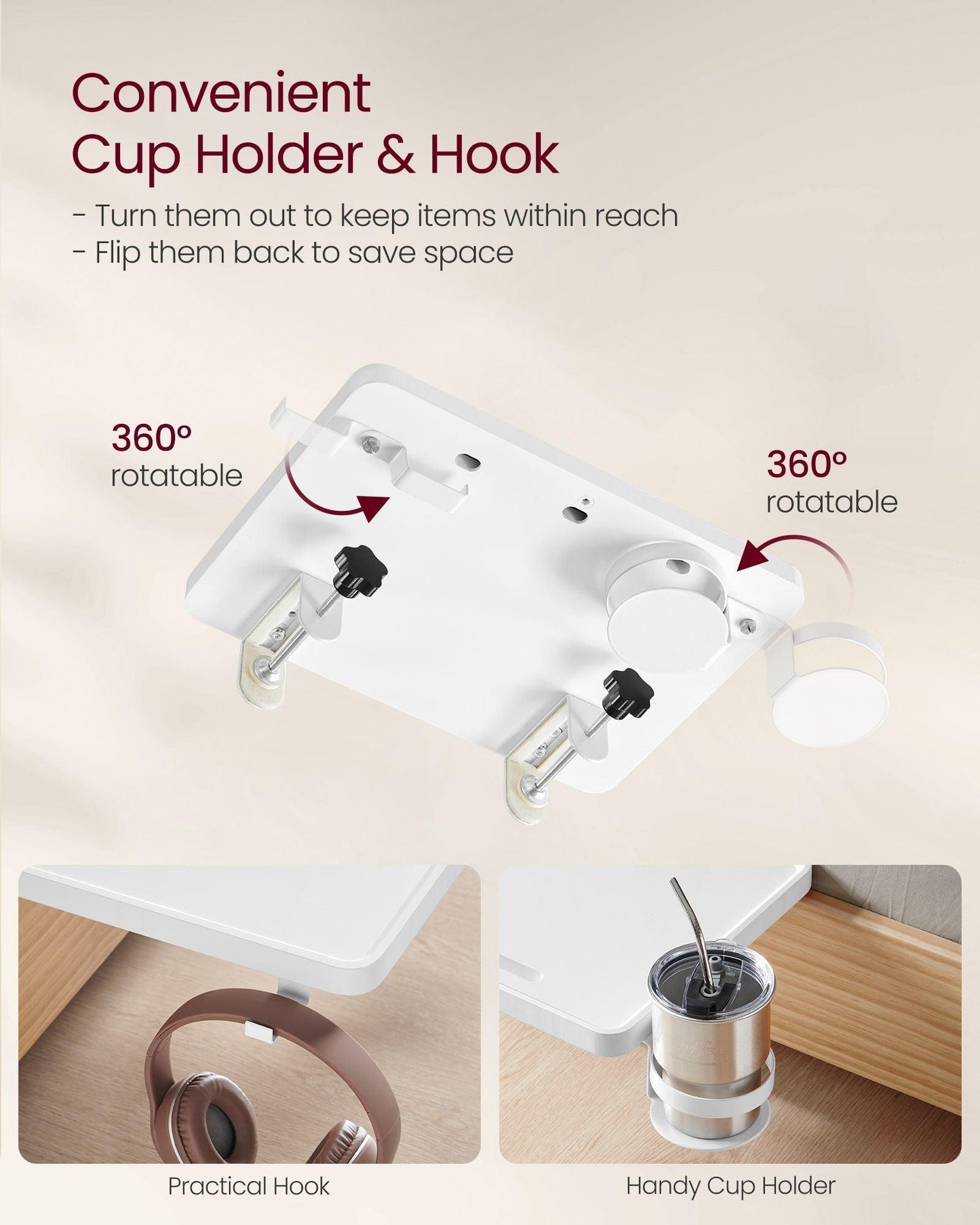 Bedside Shelf with Phone Slot, Cup Holder and Hook Cloud White FredCo
