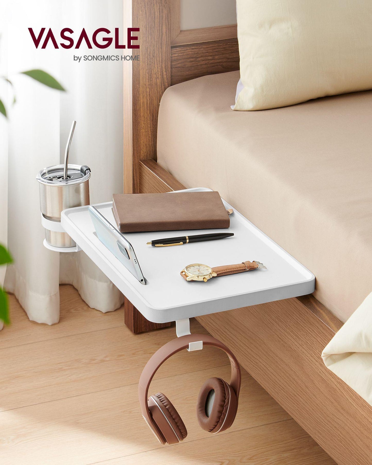Bedside Shelf with Phone Slot, Cup Holder and Hook Cloud White FredCo