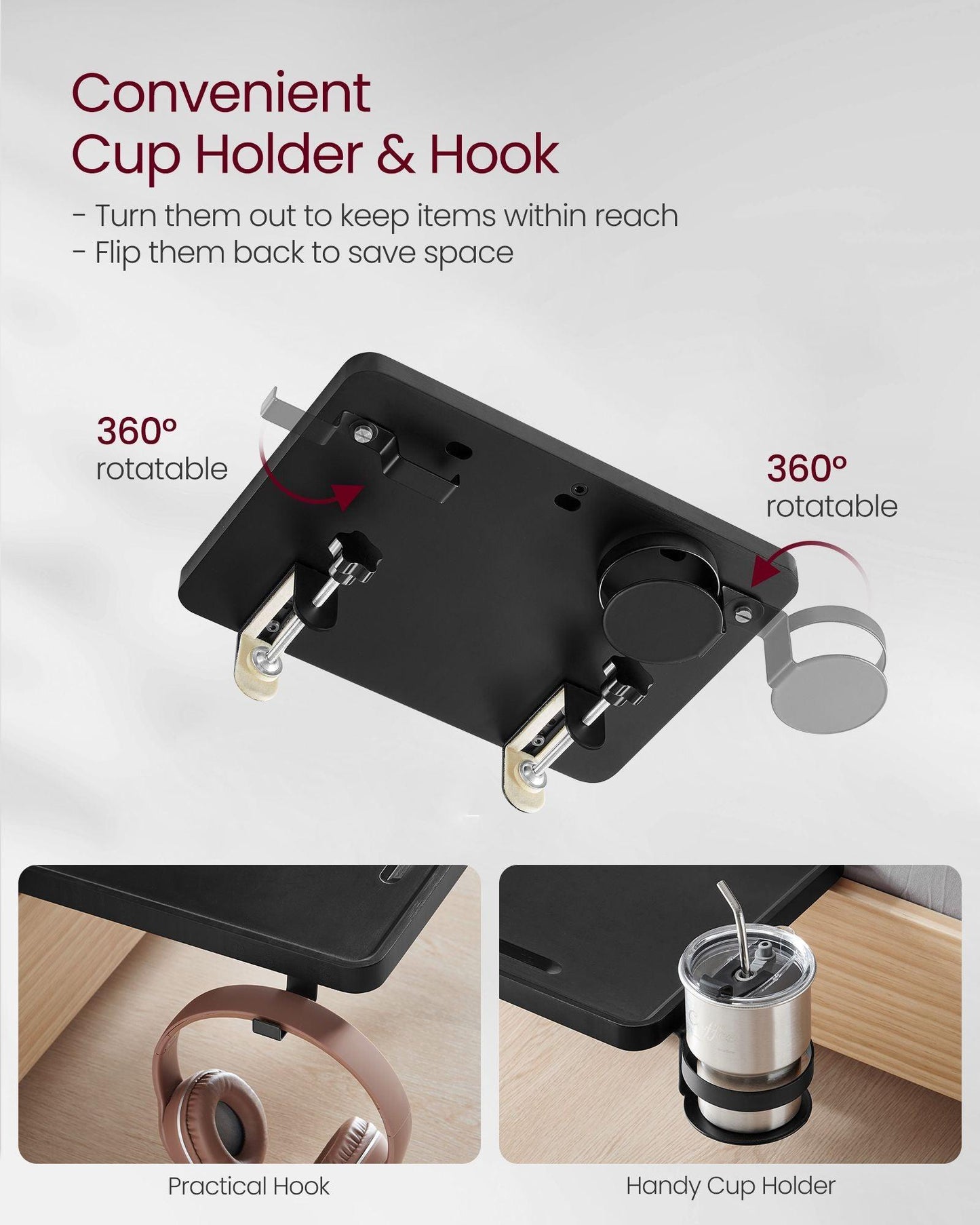 Bedside Shelf with Phone Slot, Cup Holder and Hook Ink Black FredCo