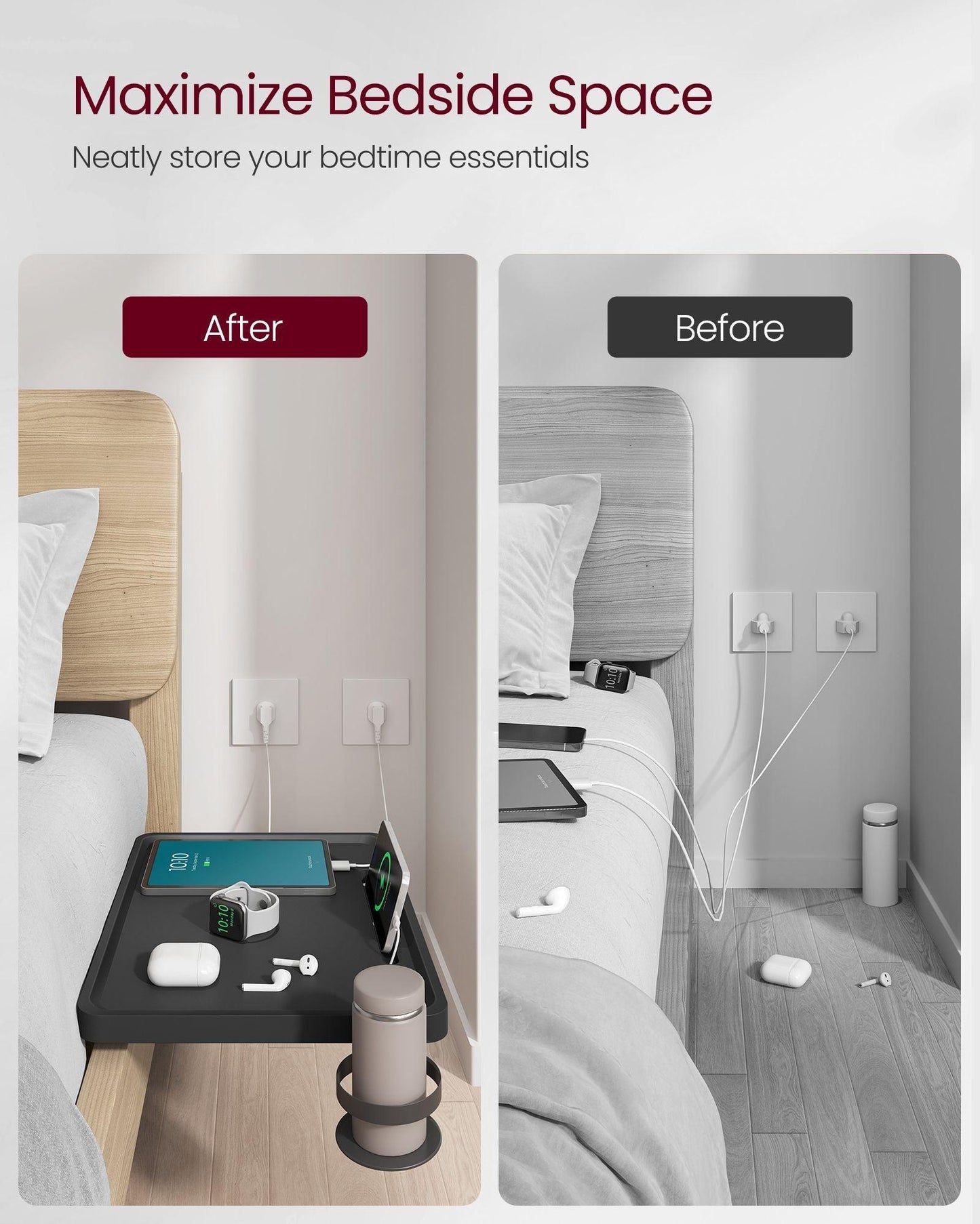 Bedside Shelf with Phone Slot, Cup Holder and Hook Ink Black FredCo