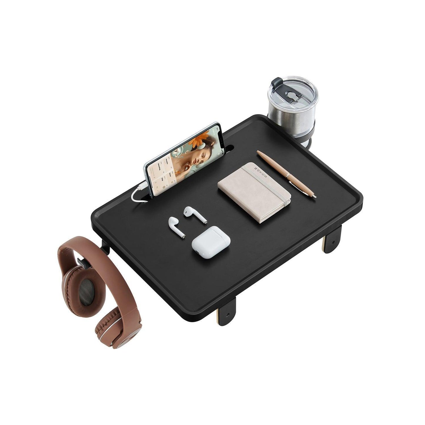 Bedside Shelf with Phone Slot, Cup Holder and Hook Ink Black FredCo