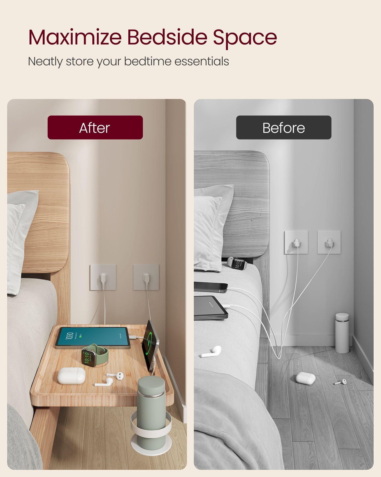 Bedside Shelf with Phone Slot, Cup Holder and Hook Natural Beige FredCo