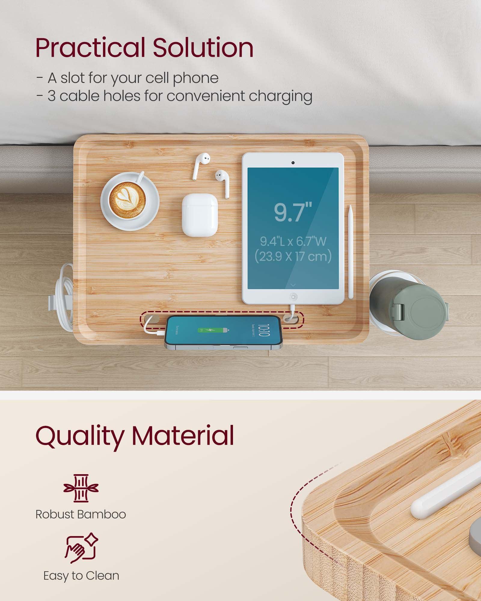 Bedside Shelf with Phone Slot, Cup Holder and Hook Natural Beige FredCo