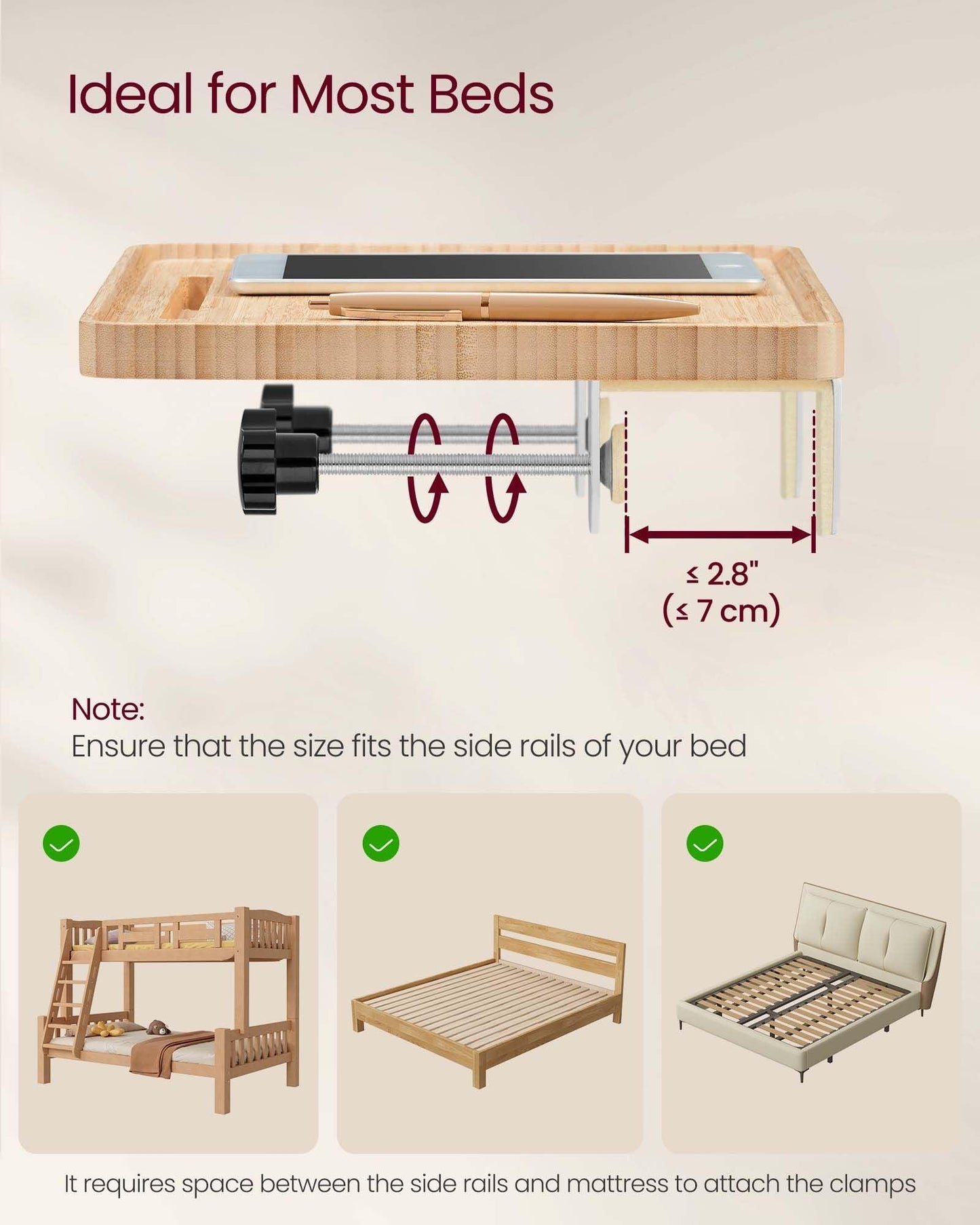 Bedside Shelf with Phone Slot, Cup Holder and Hook Natural Beige FredCo