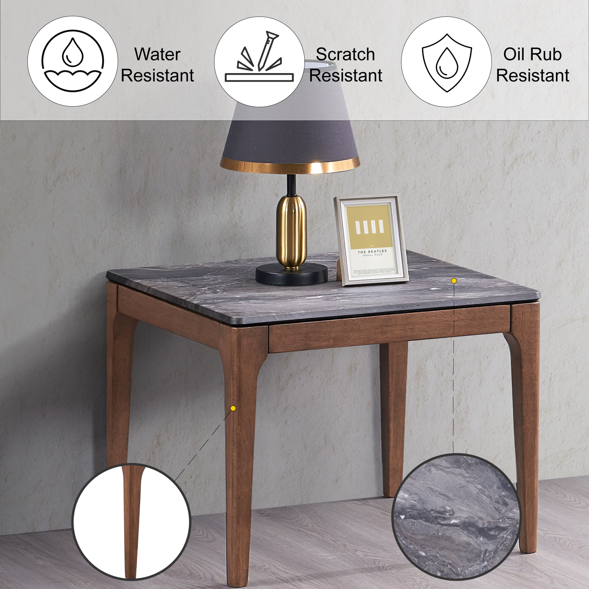 Bevis Engineered Stone Top & Walnut Finish End Table FredCo