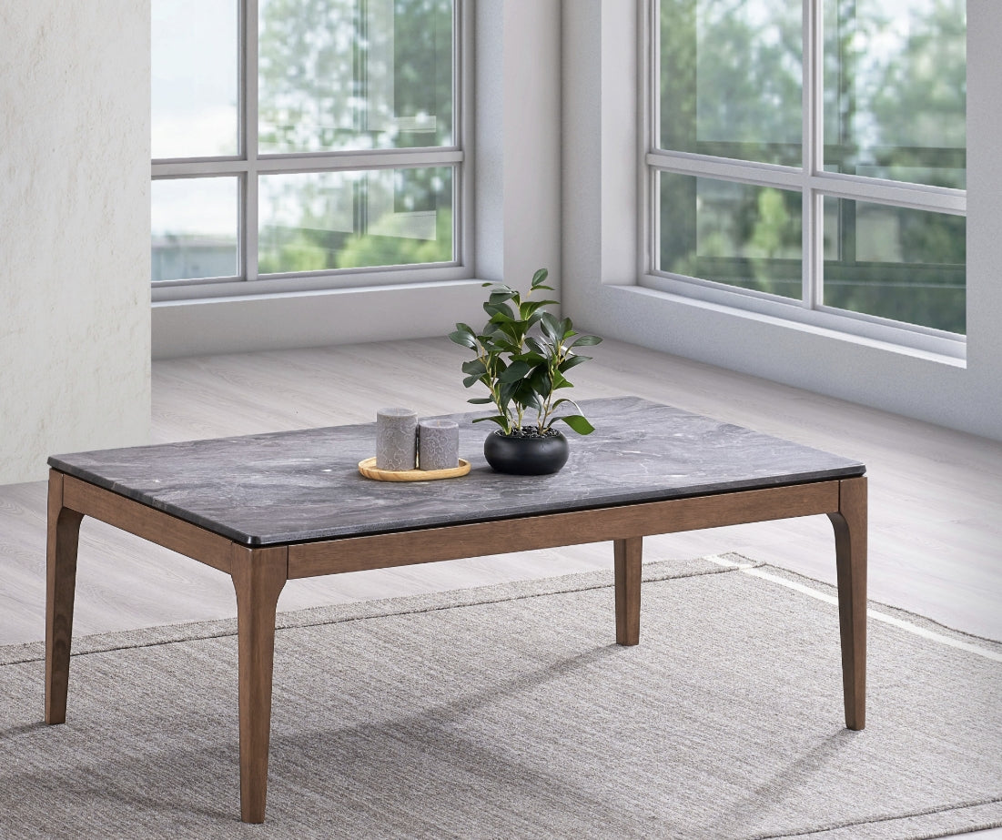 Bevis Engineered Stone Top & Walnut Finish Rectangular Coffee Table FredCo